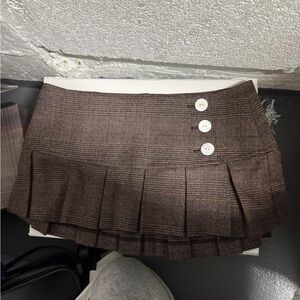 Danielle Guizio Brown Plaid Mini Skirt with Button Accents